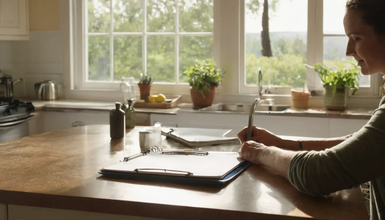 A homeowner writing notes about a slow drain with a clipboard in a kitchen in the Bellevue area